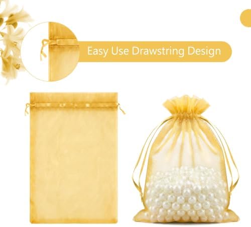 FUNFERY 100PCS Gold Organza Gift Bags 6x9in,Drawstring Pouch for Jewelry
