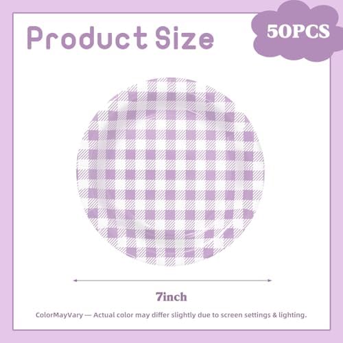 Vyntra 50 Pcs Lavender Gingham 7 Inch Round Paper Dessert Plates