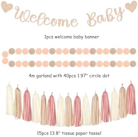Blush-Pink Rose-Gold Fall Baby-Shower Party-Decorations - 31pcs Welcome Home Banner Sign,Neutral Paper Lanterns,Girl Streamers Garland,Boho Hanging Tissue Pom Poms Flowers Fans Backdrop Decor Burgleda