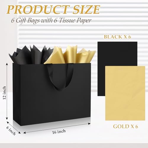 Epoesch 6 Pack Extra Large Black Gift Bags with Handles and Tissue Papers