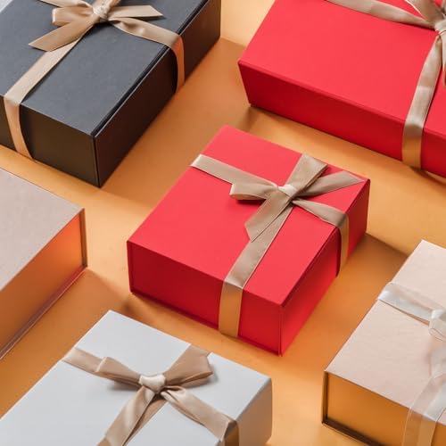 LIFELUM Red Gift Box for Christmas with Magnetic Lid, 8"x7"x3"