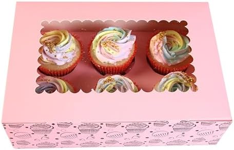 Cupcake Boxes with Insert trays (Pack of 20), Pink Cupcake Carrier, Food Grade Bakery Boxes with Windows and Inserts to Fit 6 Cupcakes Muffins or Pastries