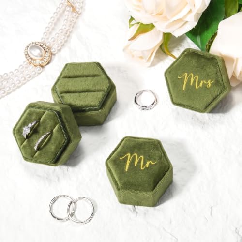 Mr & Mrs Velvet Wedding Ring Box 2 Slots Cursive Hexagon Jewelry Ring Box for Wedding Day Ceremony Bridal Photography Gift Set of 2 (Olive Green)