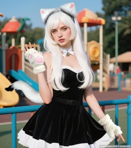 Cat Ears and Tail,Wolf Fox Ears Long Tail and Bell Lace Choker Set for Halloween,Animal Cosplay Party Costume