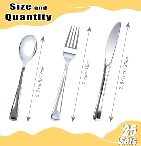HEIPINIUYE 75 Pack Silver Plastic Cutlery Heavy Duty Silver Plastic Knives Forks and Spoons Disposable Silverware Set for 25 Guest Camping Birthday Baby Shower Wedding Party Utensils Set