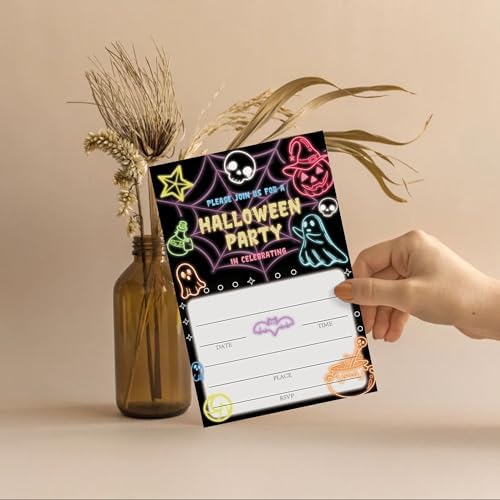 SIXEIGHT Glow Neon Halloween Party Invitations, Cute Ghost Halloween Invitations for Boys Girls, 25 Pack Glow Neon Invite Cards with Envelopes, Wedding Birthday Baby Shower Party Decorations-E08