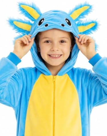 Kids Axolotl Costume for Girls & Boys - 3D Hooded Salamander Jumpsuit Costume for Halloween Party