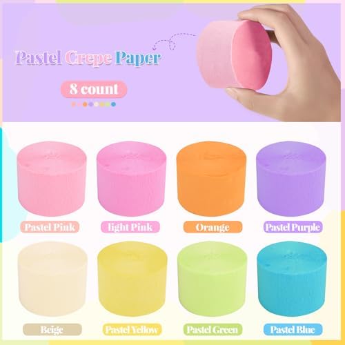 8 Rolls Pastel Streamers, Crepe Paper Streamers Party Decorations for Pastel Birthday Party Bachelorette Wedding Bridal Baby Shower