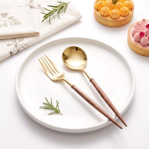 Lullaby 100PCS High End Gold Plastic Forks & Spoons with Wood Grain Handle