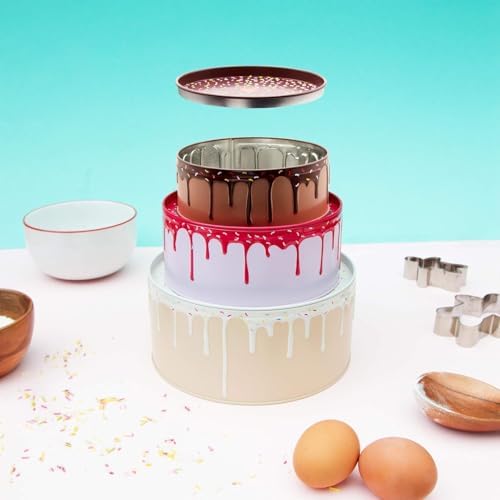 Suck UK Cookie Tin - Round Cake Tins with Lids - Novelty Cookies Jar - Cake Storage Container - Air Tight Birthday Cookie Box - Kitchen Storage Tins - Large Stackable Metal Tin Nesting - Set of 3