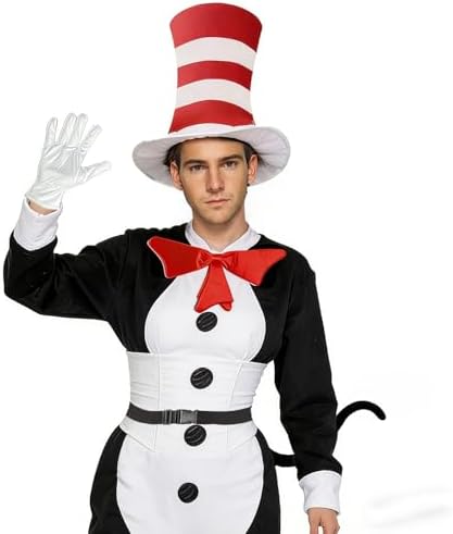 Red and White Striped Top Hat, Adult Standard Size, Cat Hat Costume Halloween Role-Play Party Accessory