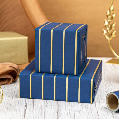 MAYPLUSS Navy Blue Gift Wrapping Paper Roll, 17IN X 16.5FT Gold Stripd Wrap