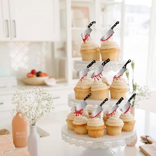 Rsstarxi 24 Pack Halloween Blood Knife Cupcake Toppers Glitter Blood Knife Cupcake Picks Blood Splatter Knife Cake Decorations for Horror Crime Scene Halloween Birthday Party Cake Decorations Supplies