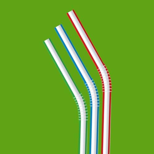 Amazon Basics Disposable Striped Plastic Flex Straws, 7.5" Long, Assorted Colors, 100 Count, Large Pack (Pack of 3)