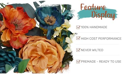 Wedding Arch Flowers with Drapes Kit (Pack of 4) - 2pcs Artificial Teal Orange Fall Deluxe Swag with 2pcs Sheer Drapes for Wedding Ceremony Arbor Reception Backdrop Rose Floral Decoration