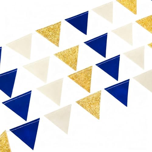 Blue Gold Beige Party Decoration Royal Gold Glitter Felt Hanging Triangle Mini Bunting Pennant Banner Flag for Birthday Wedding Shower Graduation Nautical Ahoy Achor Party Decor Supplies