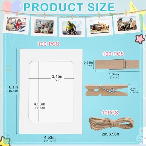 100 Pcs Paper Photo Frames 4x6 White Paper Picture Frame with 100 Clip 10 String Kit DIY Hanging Cardboard Photo Holder Graduation Wall Decor Wedding Home