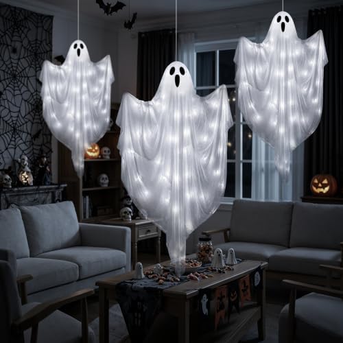 4 FT Halloween Hanging Ghost Decorations with 50 LED Lights, Light Up White Ghost Outdoor Decor with Timer & 8 Lighting Modes, Hanging Halloween Ghost for Front Porch, Yard, Patio, Garden & Party