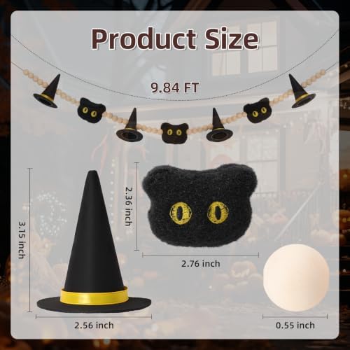 GreenD Halloween Garland 9.84FT Wood Bead Garland with Felt Witch Hats & Plush Cats, Handmade Indoor Hanging Decor for Living Room Window Neutral Farmhouse Cute Party Supplies