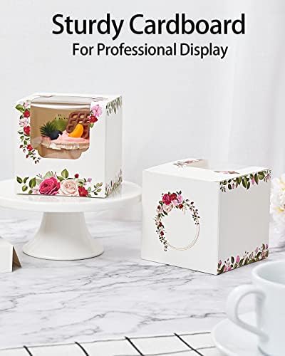 Happyhiram 100 Pack Rose Floral Single Cupcake Boxes with Inserts & Window