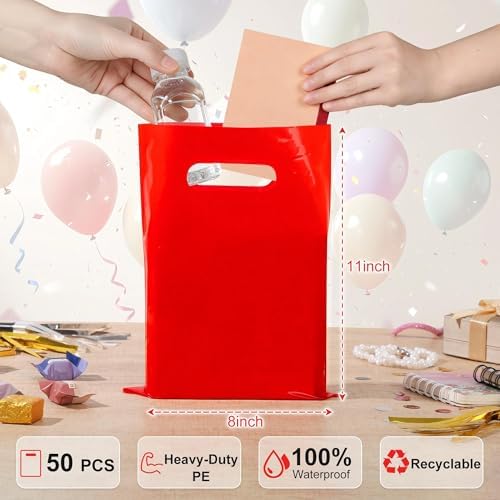 VieFantaisie 50 PCS Red Party Favor Bags, 8" x 11" Goodie Bags for Candy Treat Craft Easter Egg, Plastic Gift Bag with Die Cut Handles for Birthday Party, School Events & Small Business, Wedding