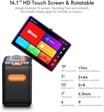 Smart Karaoke Machine with 14.0'' Touch Screen, Lyrics Display & Pre-Install Karaoke APP, Up to 600W Party Speaker and Dual Wireless Mics, Portable for Home & Outdoor