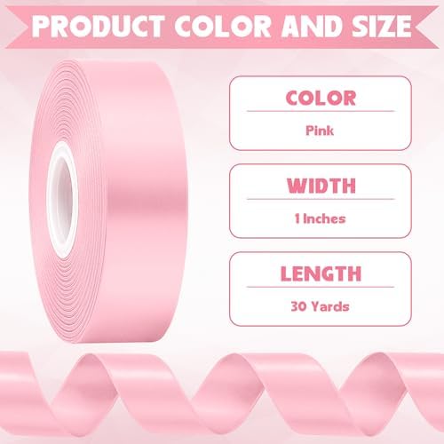 1 in 30 Yards Pink Satin Ribbon for Flower Bouquet Baby Shower Mother's Day