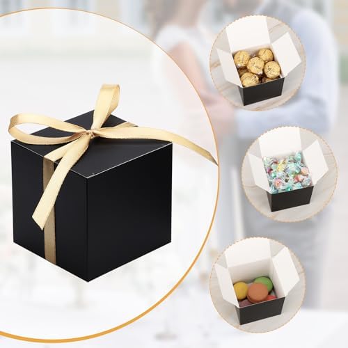 EUSOAR Black Favor Boxes, 120pcs 3x3x3 Inches Small Gift Boxes Mini Bakery Cookies Candy Box with Gold Ribbon, Square Paper Chocolate Containers for Wedding Birthday Bridal Party Favor Decoration