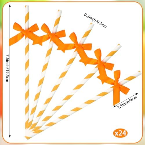24 Packs Orange Bow Biodegradable Striped Paper Straws, Orange and White Disposable Drinking Straws for Birthday Carnival Summer Pool Party Wedding Baby Shower Halloween Party Decoration Supplies