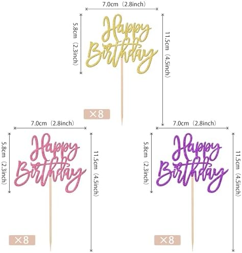 24 PCS Happy Birthday Cupcake Toppers Glitter Happy Birthday Cupcake Picks for Celebrating Anniversary Theme Party Cake Decorations Supplies Gold Purple Pink