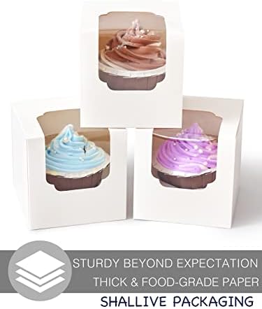 100 Pcs Individual Cupcake Box White with Insert, 3.5" Treat Boxes with Window Bulk for Hot Cocoa Bombs and Cookies, Pre-Assembled for Easter Wedding Birthday Baby Shower Party