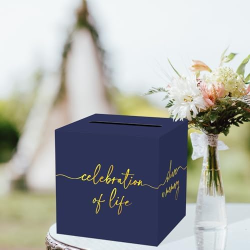 QISOLIY Navy Blue Celebration of Life Card Box with Gold Lettering, Share a Memory Funeral Card Box for Memorial Service, Remembrance Table Decor, Memory Box for Sympathy Condolence Messages