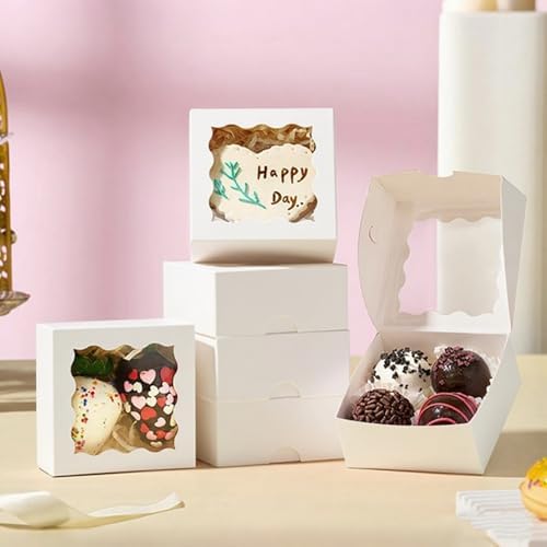 3.2x3.2x1.5 Inches 100PCS Chocolate Truffle Boxes Mini Bakery Boxes with Window for Cookies,Soap,Donut, Macaron,Brownie(White)