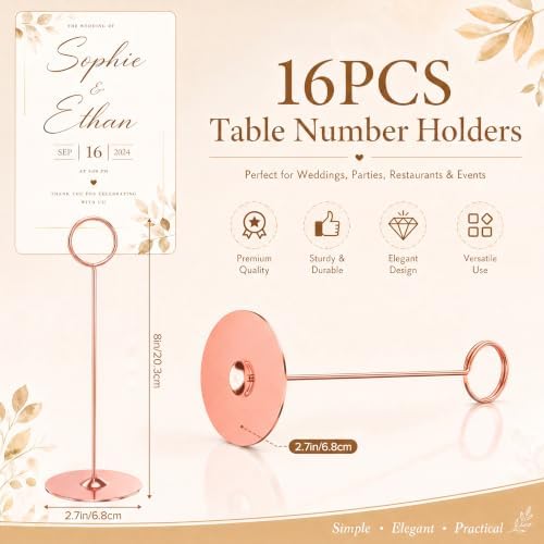 Urban Deco 16 Pieces Table Card Holder 8 inches Table Number Holders Place Steel Card Holders for Photos, Food Signs, Memo Notes, Weddings, Restaurants, Birthdays (Rosegold)