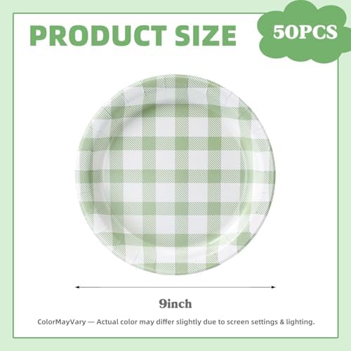 Vyntra 50 Pcs Sage Green Gingham 9 Inch Round Paper Dinner Plates