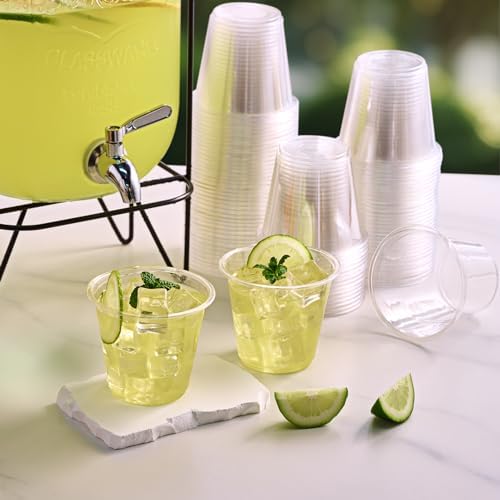 Turbo Bee 100 Pack 9oz Clear Plastic Cups,Disposable Crystal Drinking Cups,PET Plastic Party Cups for Wine,Juice,Iced Coffee and Cold Drinks
