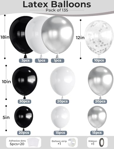 Black and Silver Balloons Garland Arch Kit, 135 Pcs, Party Decor