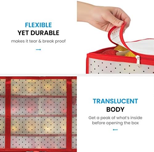 ZOBER Christmas Ornament Storage Box - Stores 128 Ornaments W/ 2 Sided Zipper - Flexible Plastic Christmas Ornament Storage Containers - 3 Inch Cube Compartments - Red