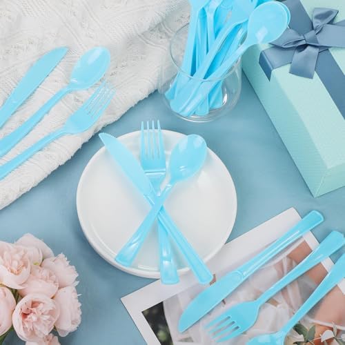 Kochorie 300 Pcs Light Blue Plastic Silverware, Disposable Plastic Utensils