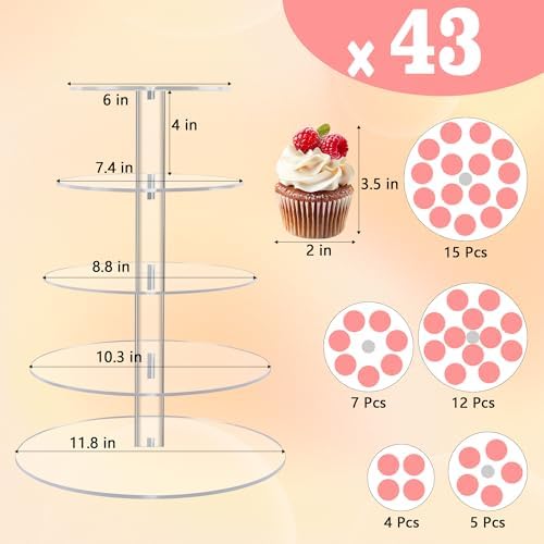 YestBuy 5 Tier Round Acrylic Cupcake Tree Tower Display Stand Display for Pastry Wedding Birthday Party (5 Tier Round (4" Between 2 Layers))