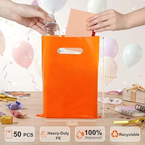 VieFantaisie 50 PCS Orange Party Favor Bags, 8" x 11" Goodie Bags for Candy Treat Craft Easter Egg, Plastic Gift Bag with Die Cut Handles for Birthday Party, School Events & Small Business, Wedding