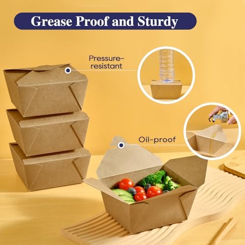 LITOPAK 50 Pack 27 oz Take Out Food Containers, Kraft Brown Take Out Boxes Leak Grease Resistant and Stackable for Restaurants, Homes, Offices, Picnics