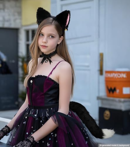 Cat Ears and Tail,Wolf Fox Ears Long Tail and Bell Lace Choker Set for Halloween,Animal Cosplay Party Costume
