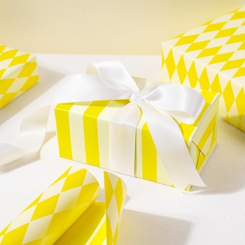 RUSPEPA Reversible Wrapping Paper Roll, Mini Roll, Yellow and White Stripes and Diamond Pattern Gift Wrap for Birthday, Wedding, Easter, Spring, Baby Shower, Bridal Shower, 17 Inches x 16.4 Feet