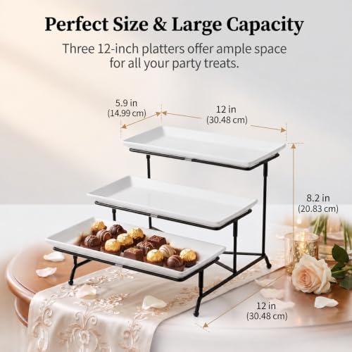 3 Tier Serving Tray, 12" White Plastic Tiered Food Serving Platters, Reusable Tray Stand Black Collapsible Metal Stand with Stable Cross Bars, Party Display Stands for Veggie Fruit, Dessert