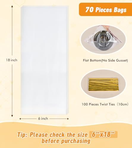 Yuiicaov Cellophane Bags for Wine Bottles, 6x18 Inches 70Pcs Clear Wine Gift Cello Bags With Twist Ties, Clear Treat Bags Packaging for Wine Champagne (Flat, No Gusset)