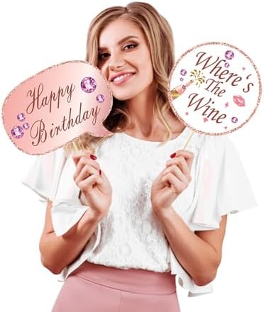 33 Pcs Rose Gold Photo Booth Props, Happy Birthday Table Centerpieces & Party Favor Supplies for Women's Birthday Celebration Decorations
