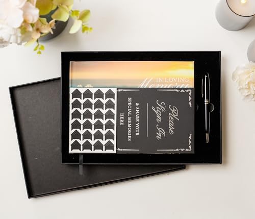 Ocean Hardcover Funeral Guest Book - 9.5 x 7 Celebration of Life Guestbook for Memorial Service with 5x7 Paper Sign, Pen, Black Photo Corner Stickers