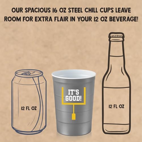 Steel Chill Cups 16 oz. Reusable Party Cups, Football, Gray, 12 Count