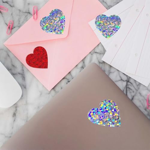500 PCS Silver Glitter Heart Stickers, 1.5inch Silvery Metallic Sparkling Stickers Self Adhesive Waterproof Reflective Love Decorative Labels for envelopes Valentine's Day Mother's Day Decor